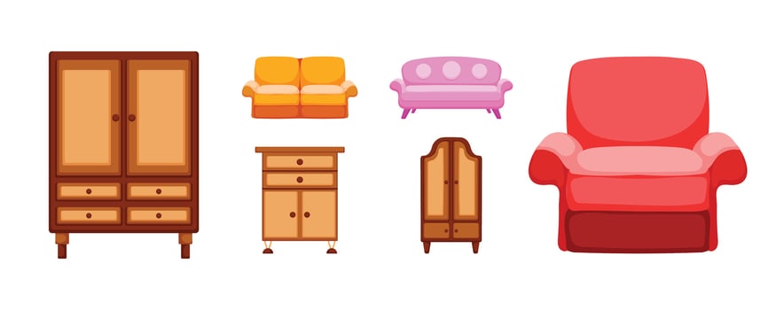 Home furniture in cartoon character.there are wardrobe,cupboard,sofa,house stuff living, vector