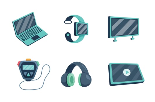 Notebook,Smart Watch,headphone.the accessories of technology in cartoon character, vector