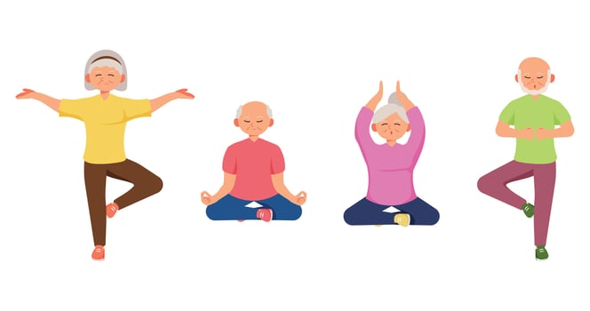 Old aged people doing Yoga exercise,in cartoon character vector