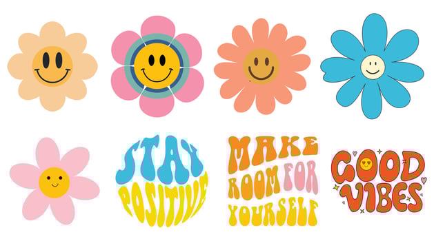 Funky daisy flower face collection. Cartoon-style smiles of retro chamomile. Happy stickers from the 1970s series. visual representation vector