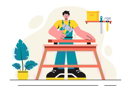 Woodworking Process Illustration Featuring Craftsmen and Tools in Furniture Manufacturing with a Flat Style vector