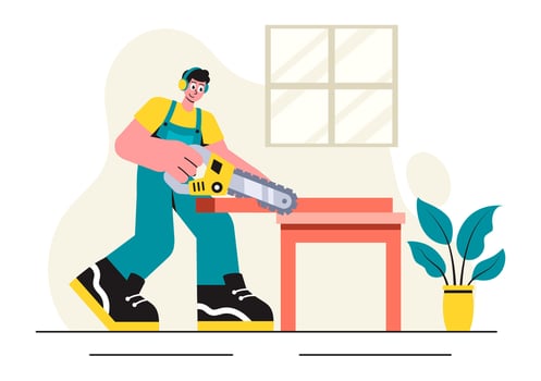 Craftsmen at Work Illustration Showing Furniture Production with Woodworking Tools in a Flat Cartoon Style vector