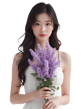 A woman holding a bunch of purple flowers png