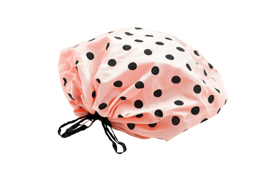 Pink Polka Dot Shower Cap with Black Ribbon png