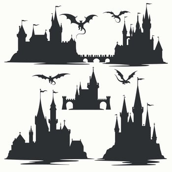 Silhouettes of medieval castles with dragons flying in the sky. vector
