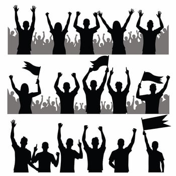 Silhouettes of enthusiastic crowd celebrating with raised arms and waving flags. vector