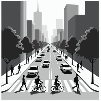 Black and white city street scene with people crossing and cyclists riding in an urban setting. vector