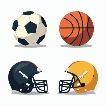 Illustration featuring a soccer ball, basketball, and two football helmets, showcasing popular sports equipment. vector