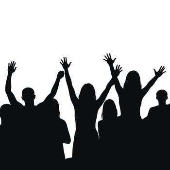 Silhouette of a diverse crowd of people raising their hands in celebration against a white background. vector