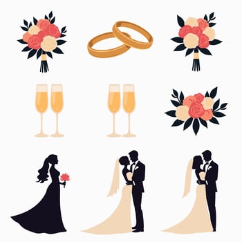 Wedding-themed illustration with flowers, rings, champagne glasses, and silhouetted couples embracing. vector
