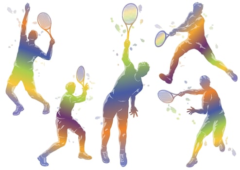 Tennis Players Colorful Gradation Silhouette Illustration Set Isolated On A White Background. vector
