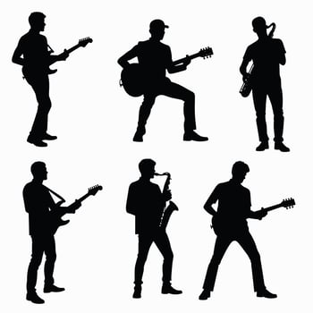 Silhouettes of male musicians playing guitars and saxophones, creating a dynamic musical ambiance against a white background. vector