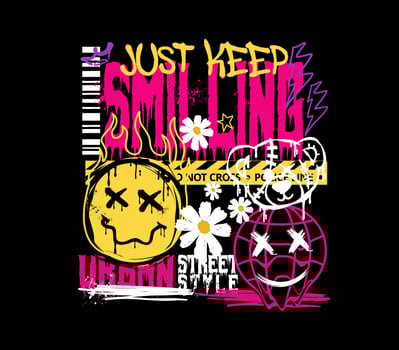 urban graffiti street style with melting smiley face. Streetwear graphic for clothing design, t shirt, hoodie and more. vector