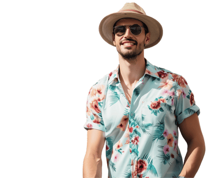 a man wearing a floral shirt and hat png