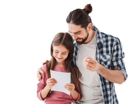 a father and daughter are holding a piece of paper png