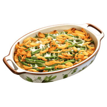 Green Bean Casserole with Crispy Onions and Cream Sauce in a Floral Serving Dish png
