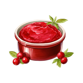 A bowl of cranberry sauce with fresh cranberries and leaves png