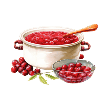 Cranberry Sauce in a White Pot with a Spoon and a Bowl of Cranberries png