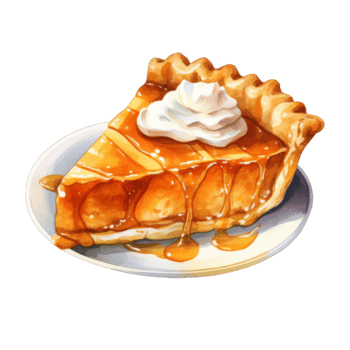 Watercolor Painting of a Slice of Pumpkin Pie with Whipped Cream and Drizzled Syrup on a Plate png