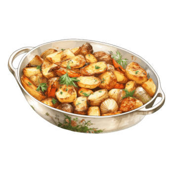 Roasted Potatoes and Onions in a White Dish with Handles png