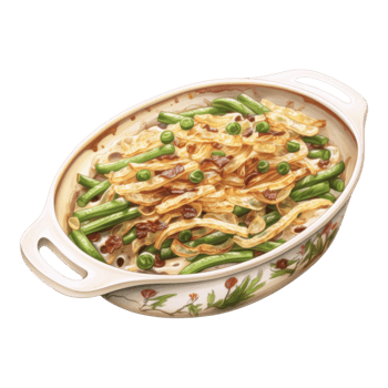 Green Beans, Onions, Peas and Bacon in a White Serving Dish png