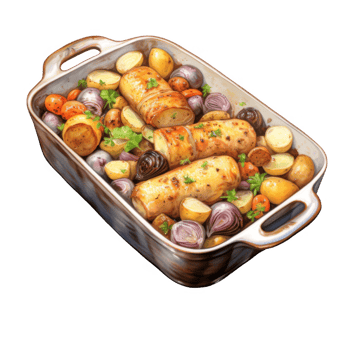 Roasted Chicken Roulade with Potatoes and Onions in a Baking Dish png