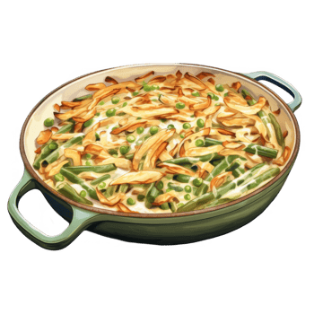 Green Bean Casserole with Crispy Onions in a Green Casserole Dish png