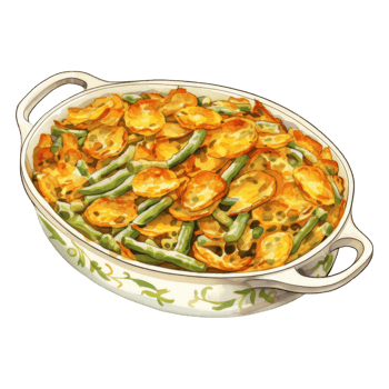 A Watercolor Illustration of a White Serving Dish Filled with Sauteed Potatoes and Green Beans png
