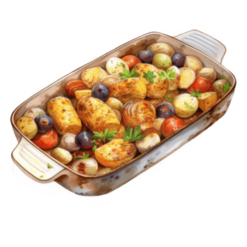 Baked Potatoes, Onions, and Tomatoes in a Ceramic Dish png