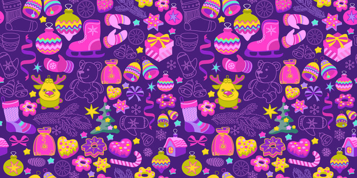 Christmas seamless pattern with festive decorations. Skates, gifts, toys. vector