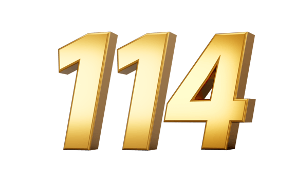 3d number 114 one hundred fourteen Gold text 3d illustration png