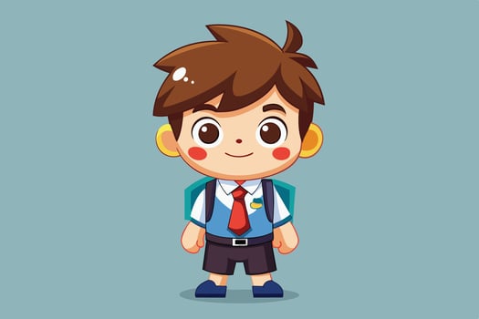 A cheerful young boy with a backpack wearing a blue shirt and tie, ready for a school day in a colorful, cartoon-style illustration vector
