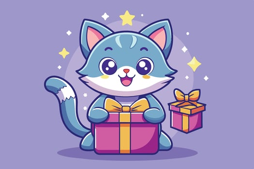 Cute cartoon cat presenting a colorful gift on a vibrant purple background during a festive celebration vector
