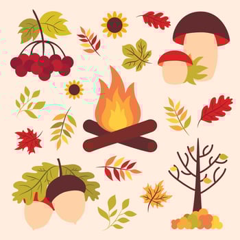 autumn set with a bonfire acorns mushrooms viburnum sunflowers an autumn tree and foliage vector