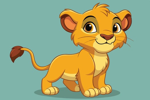 A young, animated lion cub character playfully poses against a bright blue background in a charming and vibrant illustration vector