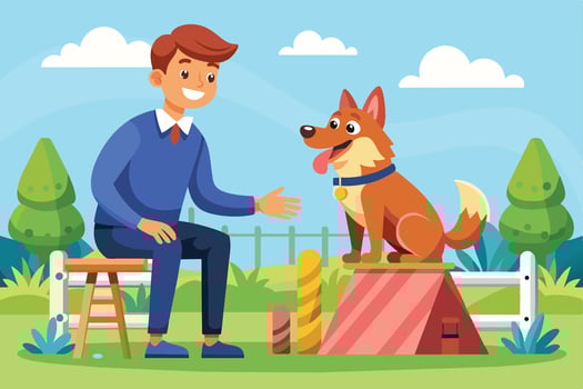 A young boy proudly interacts with two cheerful dogs at a colorful park during a sunny day filled with playful activities vector