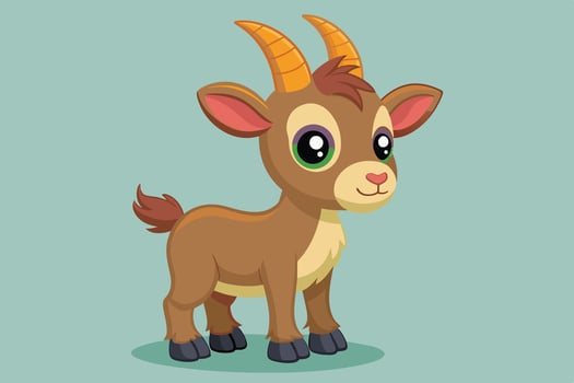 Cute cartoon goat character standing on a green patch against a light yellow background in an animated style vector