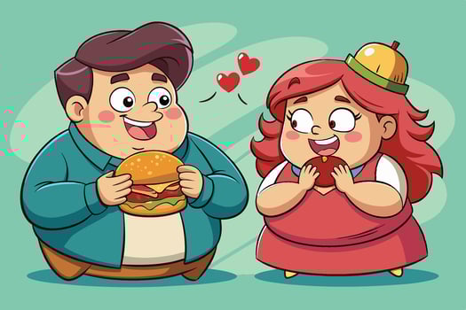 Two cartoon characters enjoying burgers with playful expressions in a cheerful setting, showcasing friendship and fun during a casual moment vector
