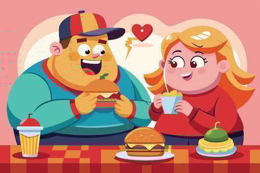 A cheerful child enjoys two delicious hamburgers, sitting on a vibrant red background while savoring his meal during a fun moment vector