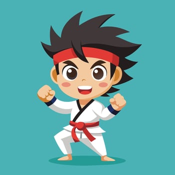 Youthful martial artist in a white uniform performs a confident pose against a blue background in a cartoon style vector