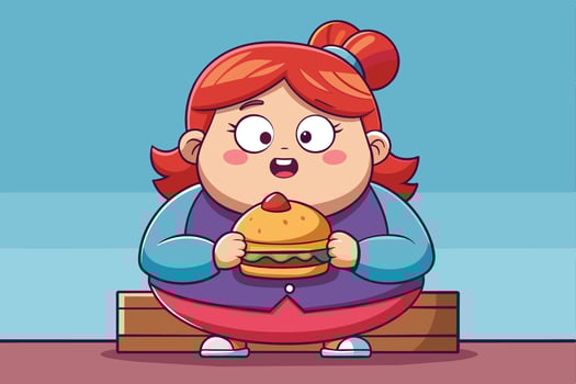 A cheerful child with orange hair enjoys a large burger while wearing a playful pink hat in a vibrant cartoon style vector