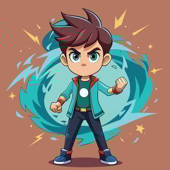 A cheerful young boy with a heroic stance and glowing hands stands confidently in a colorful, animated style against a cosmic background vector