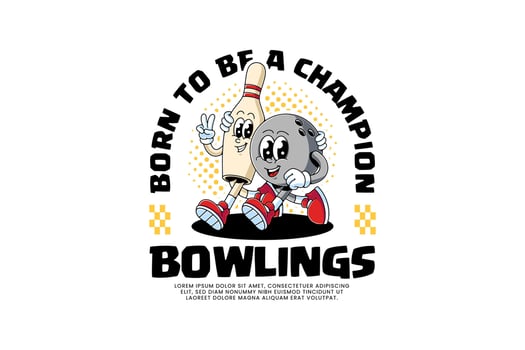 cute bowling pin and bowling ball retro cartoon character mascot illustration with walking together pose and hand peace sign for bowling sport mascot and merchandise vector