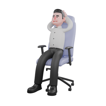 Male Strategy Artist 3D Model. A male businessman sits on a gaming chair with both hands behind his head. Businessman Cartoon png