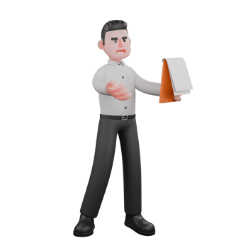 Professional Male Businessman in 3D. A male businessman stands with his left hand holding a notebook with an angry expression. Financial Character png