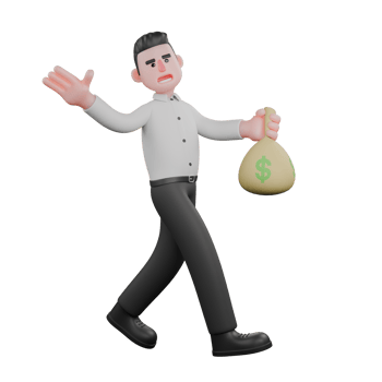 Illustrated Strategy Expert. A male businessman walks standing with his right hand making a greeting gesture while his left hand holds a money bag. 3D Male Businessman png