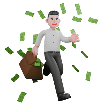3D Cartoon of Male Businessman. A male businessman is running through the rain of money while his right hand is carrying a leather bag containing a lot of money. Professional Character png