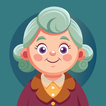 Cheerful cartoon grandmother character with gray hair and green cardigan, smiling against a purple background vector