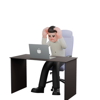 Male Businessman Professional Character. A male businessman is sitting on his desk chair with an open laptop on top and both his hands are holding his head. 3D Illustrated png