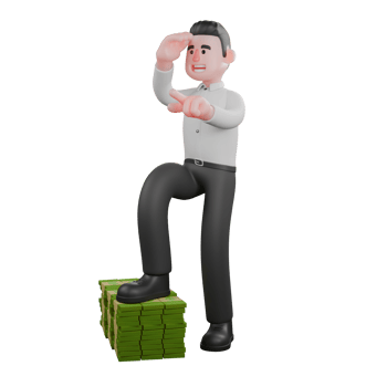 3D Strategy. A male businessman is standing with his right foot stepping on various piles of money while the palm of his right hand is above his right eye and his left hand points forward. Male png